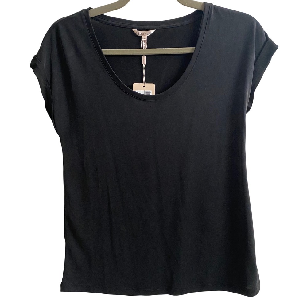 Esqualo Black Turn Up Sleeve Scoop‎ Neck T-Shirt HS20.30219 Womens Size XS New